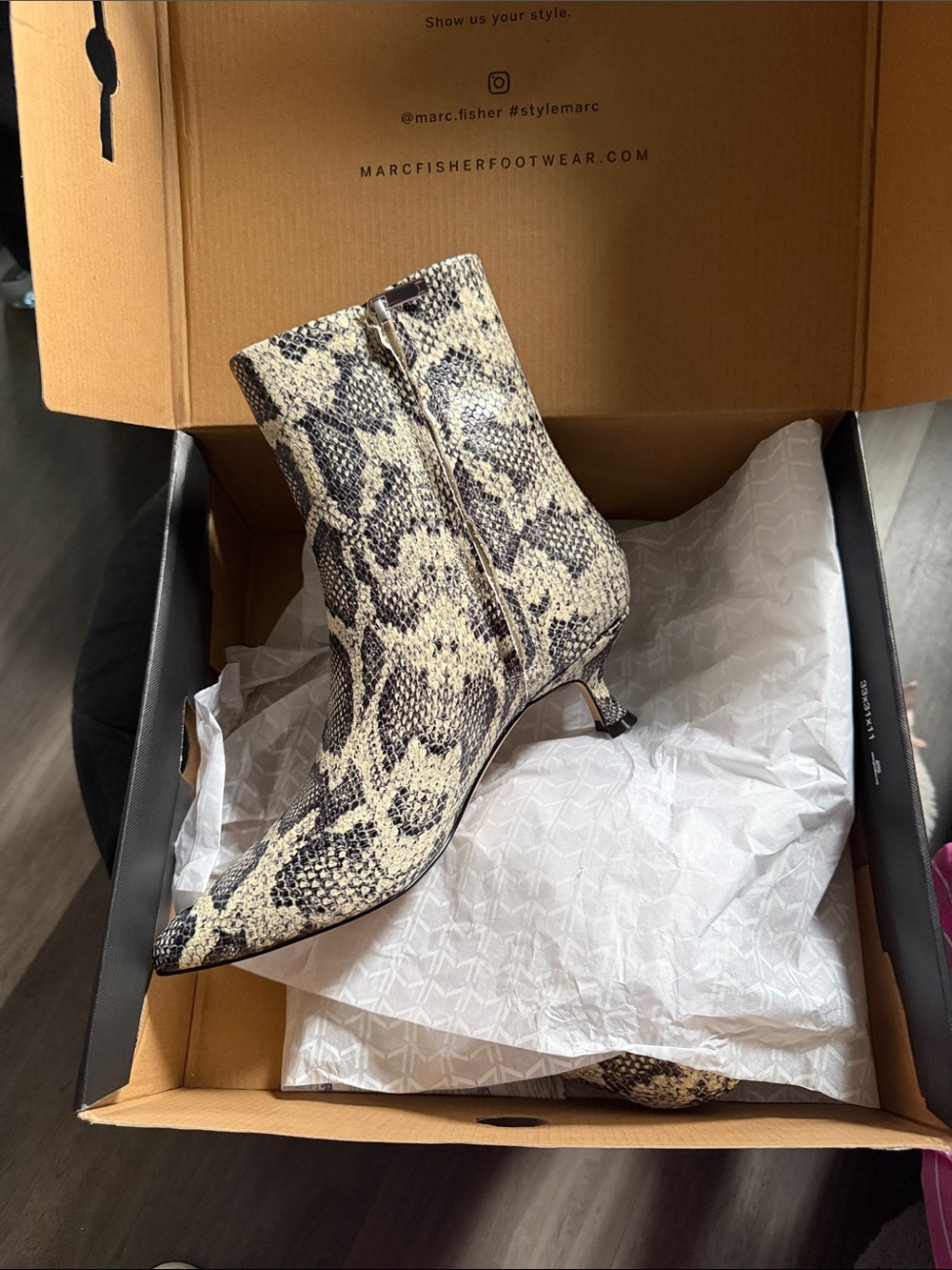 Marc Fisher Snake-Print Pointed Toe Ankle Boot in Beige and Black